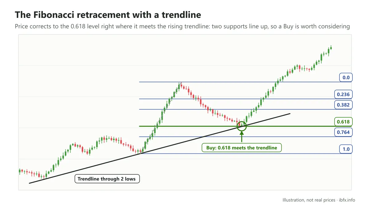 Chart illustrating an uptrend: the Fibonacci retracement 0.618 level meets the trendline drawn through two lows, a place to consider a Buy