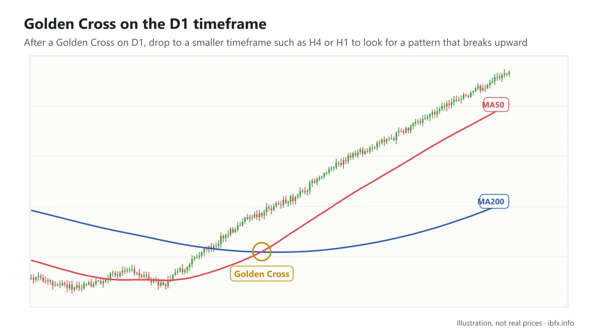 Golden Cross on the D1 timeframe: the MA50 crosses above the MA200, then price keeps rising and the gap between the two MAs widens