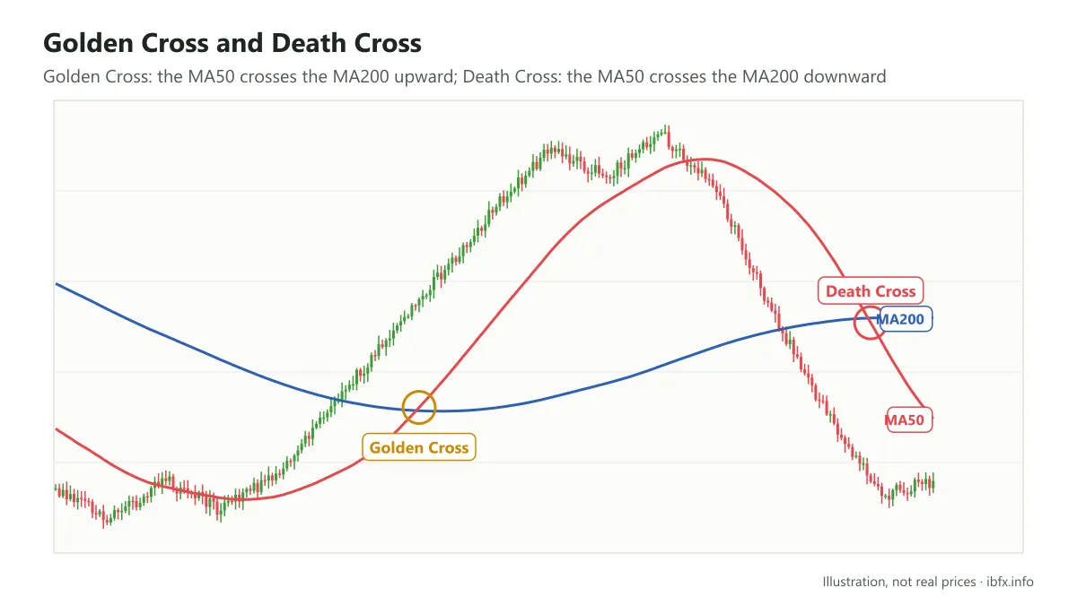 Golden Cross where the MA50 crosses above the MA200 as an uptrend begins, and Death Cross where the MA50 crosses below the MA200 as price turns down