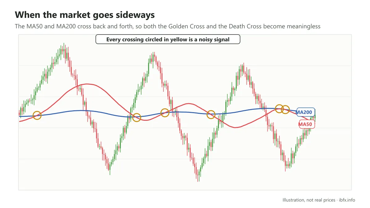 A sideways market: the MA50 and MA200 cross back and forth again and again, so Golden Cross and Death Cross signals lose their meaning