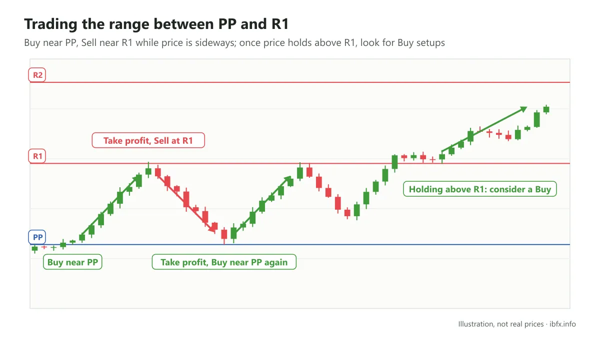Chart showing range trading between PP and R1: Buy near PP, Sell at R1, then a possible Buy once price breaks and holds above R1