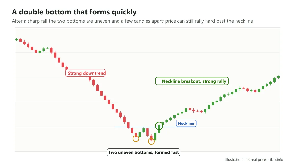 Chart of a double bottom forming very quickly after a sharp downtrend with two uneven bottoms, then a breakout and a strong rally