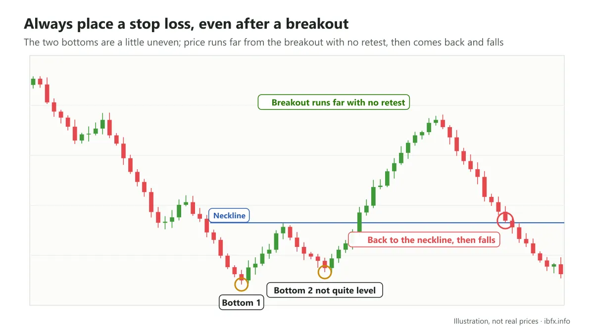 Chart of a slightly uneven double bottom where price breaks the neckline and runs far with no retest, then falls back through it