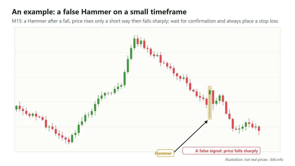 Chart of a Hammer on the M15 chart giving a false signal: price rises only a short way, then turns around and falls sharply