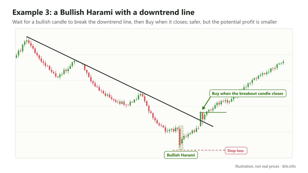 Chart of a Bullish Harami at the end of a downtrend, entering a Buy when the bullish candle breaking the downtrend line closes, stop loss below the mother