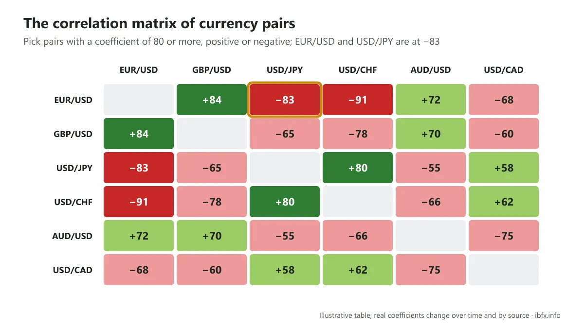 Illustrative correlation matrix of the major currency pairs, with the EUR/USD and USD/JPY cell at −83 ringed