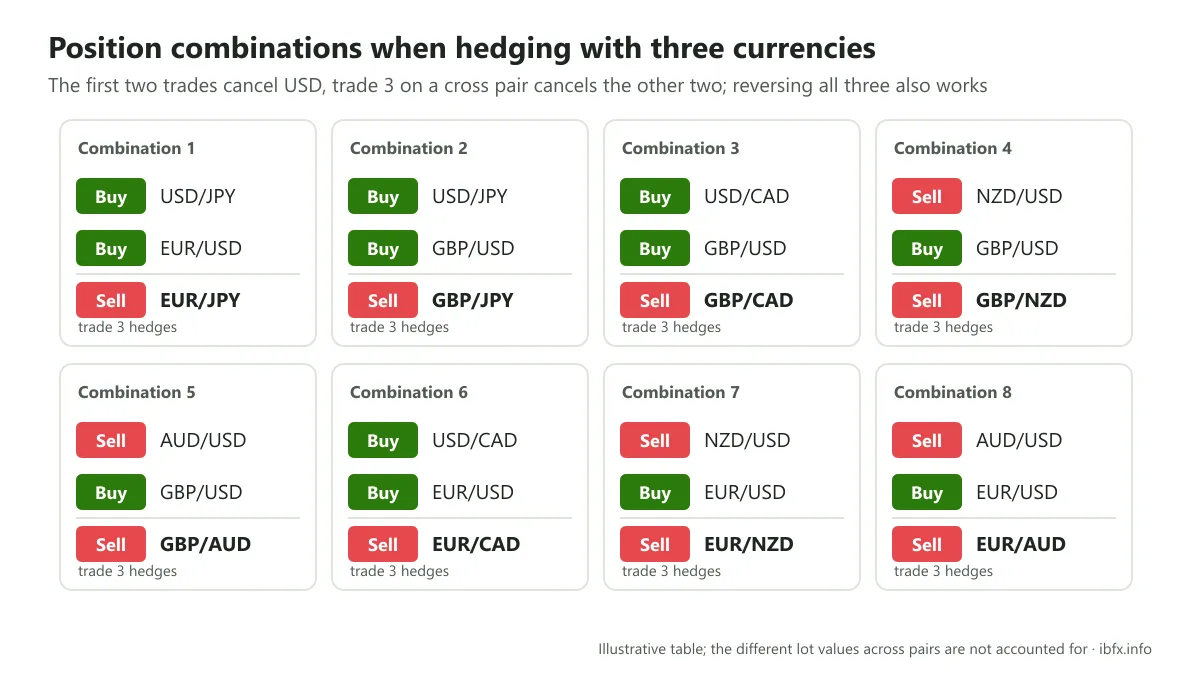 Table of eight hedging combinations using three currencies: the first two trades cancel USD, the third on a cross pair cancels the rest