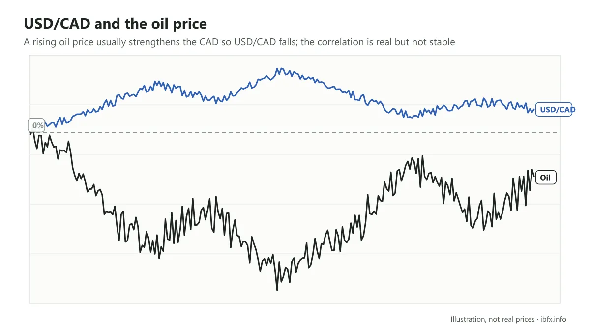 Percentage change of USD/CAD and the oil price on one axis: when oil rises USD/CAD usually falls and the other way round