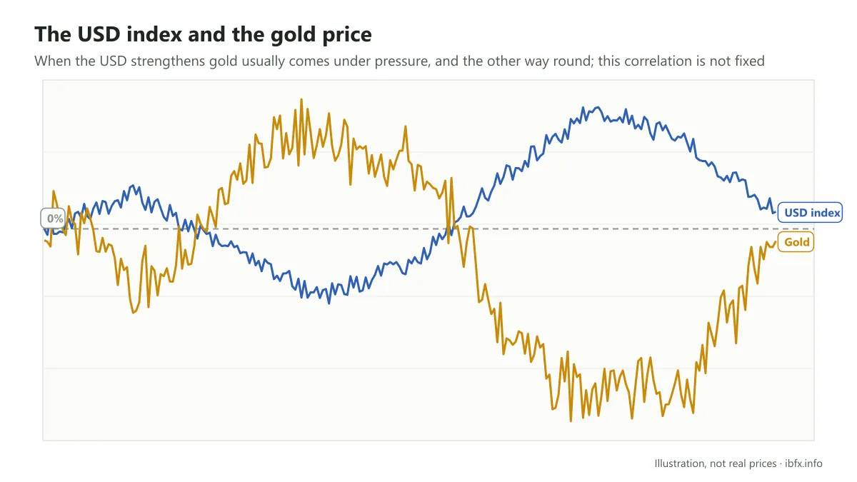 Percentage change of the USD index and the gold price on one axis: the two lines usually move in opposite directions