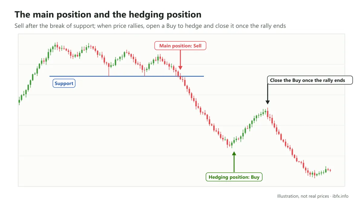 A main Sell after price breaks support and a Buy hedge opened during the rally, closed once the rally ends