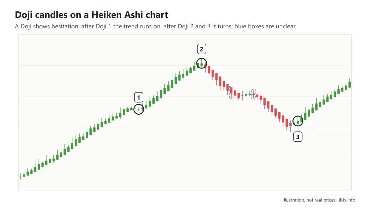Three Doji candles on a Heiken Ashi chart: after Doji 1 the trend carries on, after Doji 2 and 3 the trend reverses