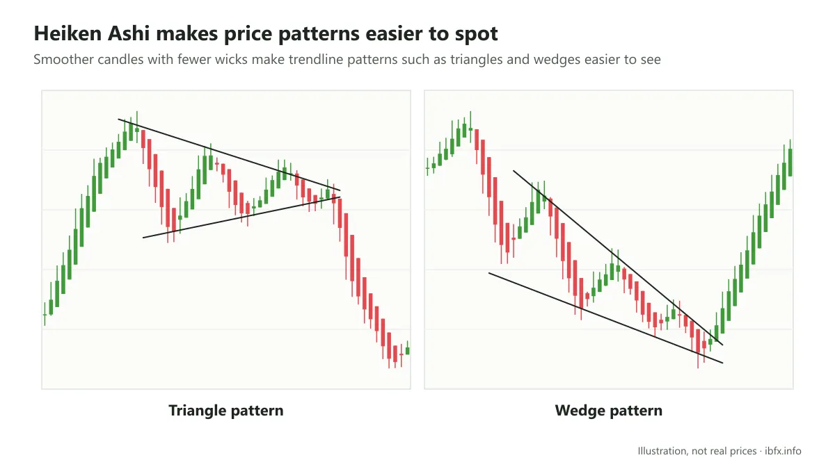 Heiken Ashi charts making a triangle pattern and a wedge pattern easier to spot