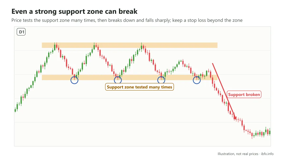 Chart illustrating a support zone tested many times inside a sideways stretch, finally broken with price falling sharply