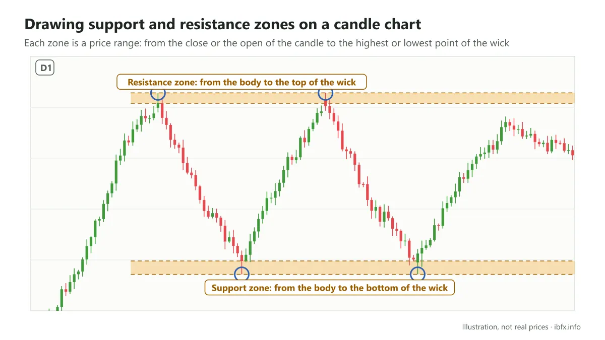 Candle chart illustrating a resistance zone drawn from the close and open to the top of the wick, and a support zone down to the bottom of the wick