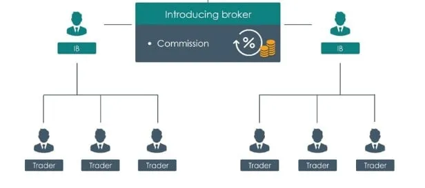 Diagram with an Introducing broker box marked Commission, two IB icons, and the traders each of them introduced