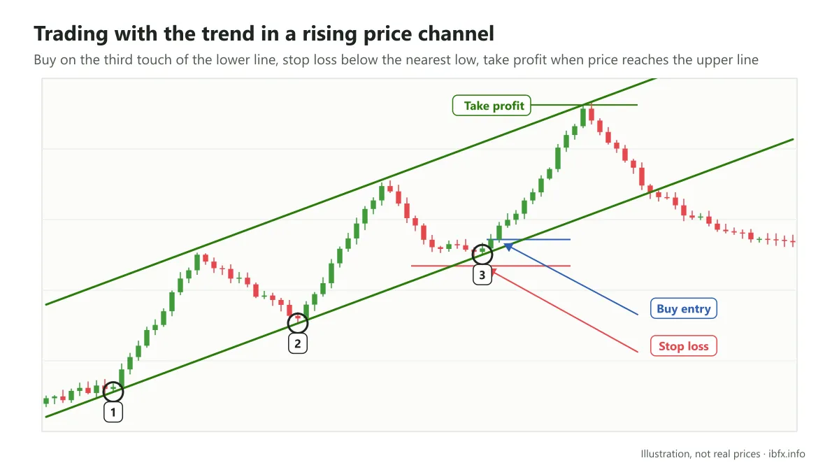 Chart illustrating a Buy on the third touch of the lower line of a rising price channel, stop loss below the nearest low, take profit at the upper line