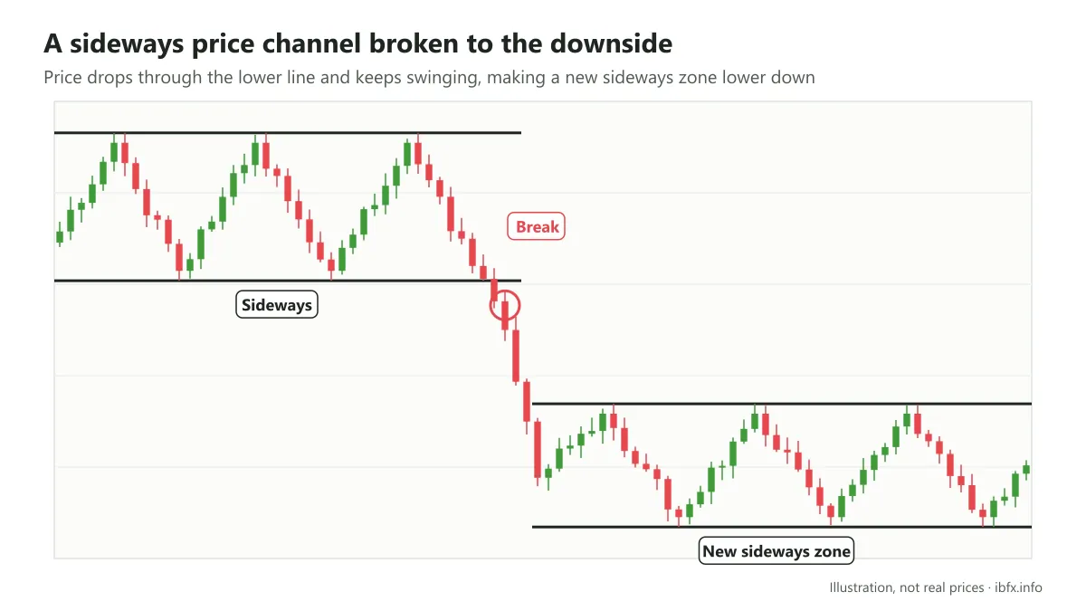 Chart illustrating a sideways price channel broken to the downside, with price making a new sideways zone lower down