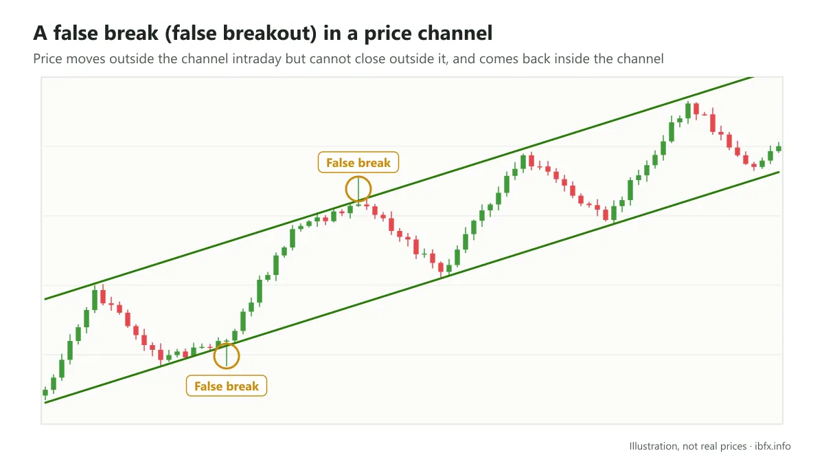 Chart illustrating two false breaks of a rising price channel: price moves outside the upper and the lower line intraday, then returns inside