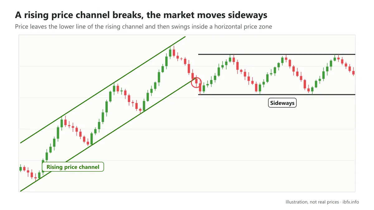 Chart illustrating a rising price channel broken at the lower line, after which the market moves sideways inside a price zone