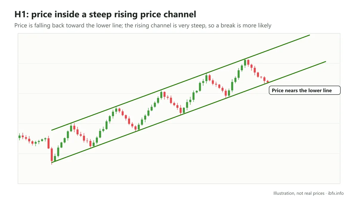 Chart on H1: price moving inside a steep rising price channel and falling back toward the lower line of the channel