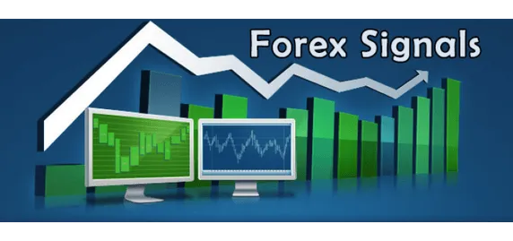 Illustration with the words Forex Signals over screens showing charts