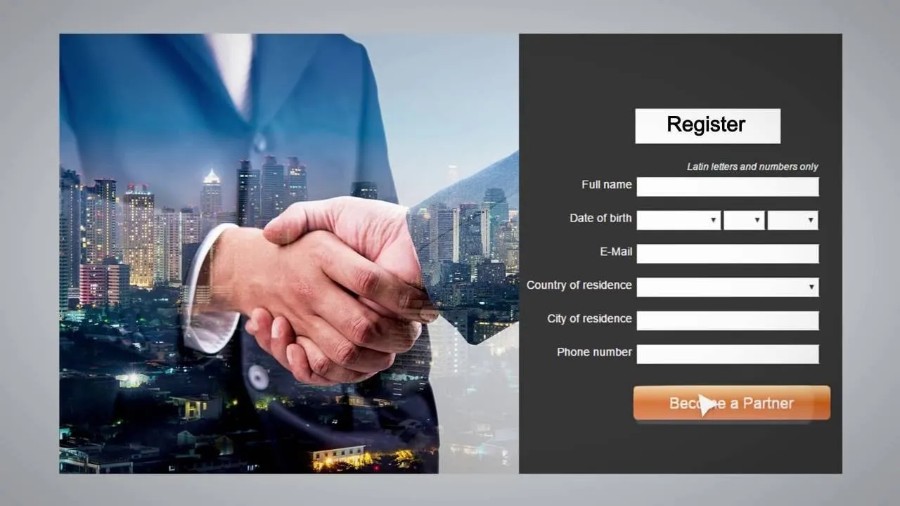 A broker's introducing broker (IB) registration form beside a picture of a handshake