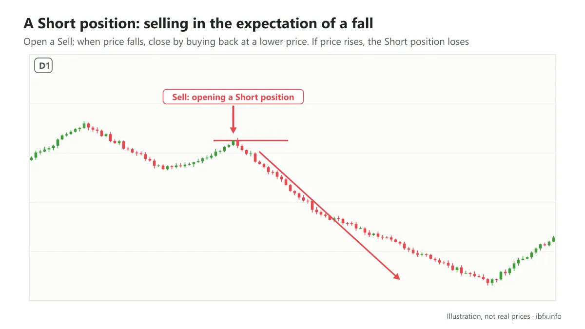 Chart illustrating a Short position: the trader places a Sell expecting price to fall, and price then falls with the trend