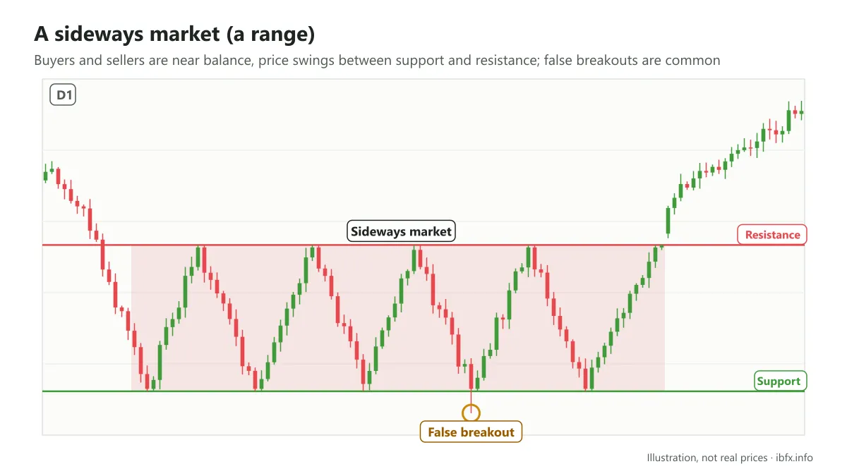 Chart illustrating a sideways market: price swings between support and resistance for a long stretch, with one false breakout before it breaks up
