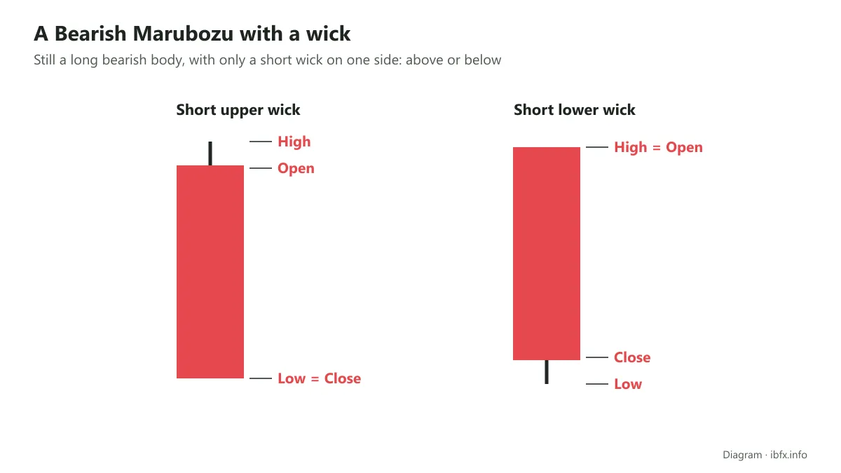 Diagram of two Bearish Marubozu variants: one candle with a very short upper wick, one candle with a very short lower wick