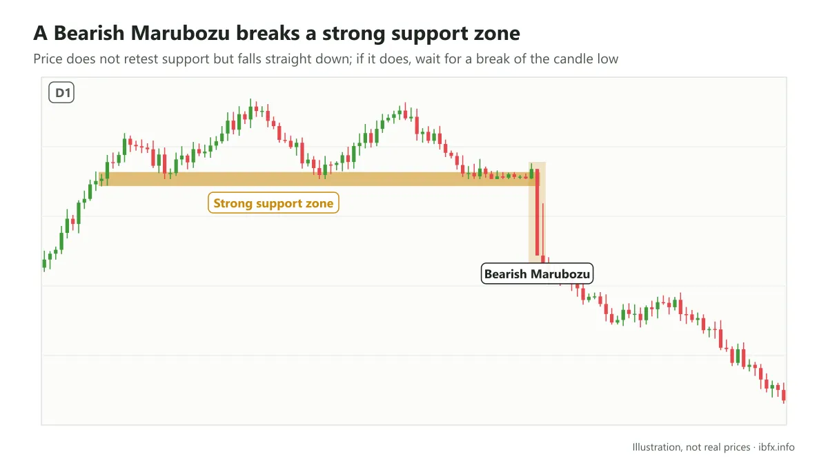 Chart showing price moving sideways above a strong support zone, a Bearish Marubozu breaking it and price falling straight down