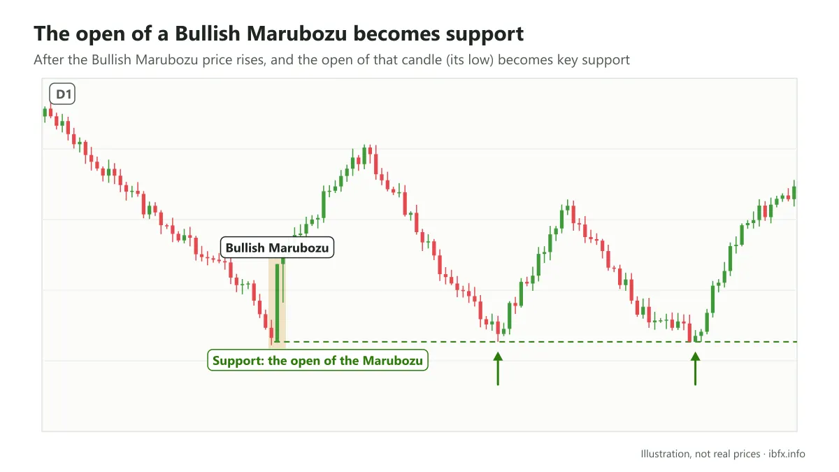 Chart showing a Bullish Marubozu at a low, its open becoming a support level that price falls back to twice and bounces off