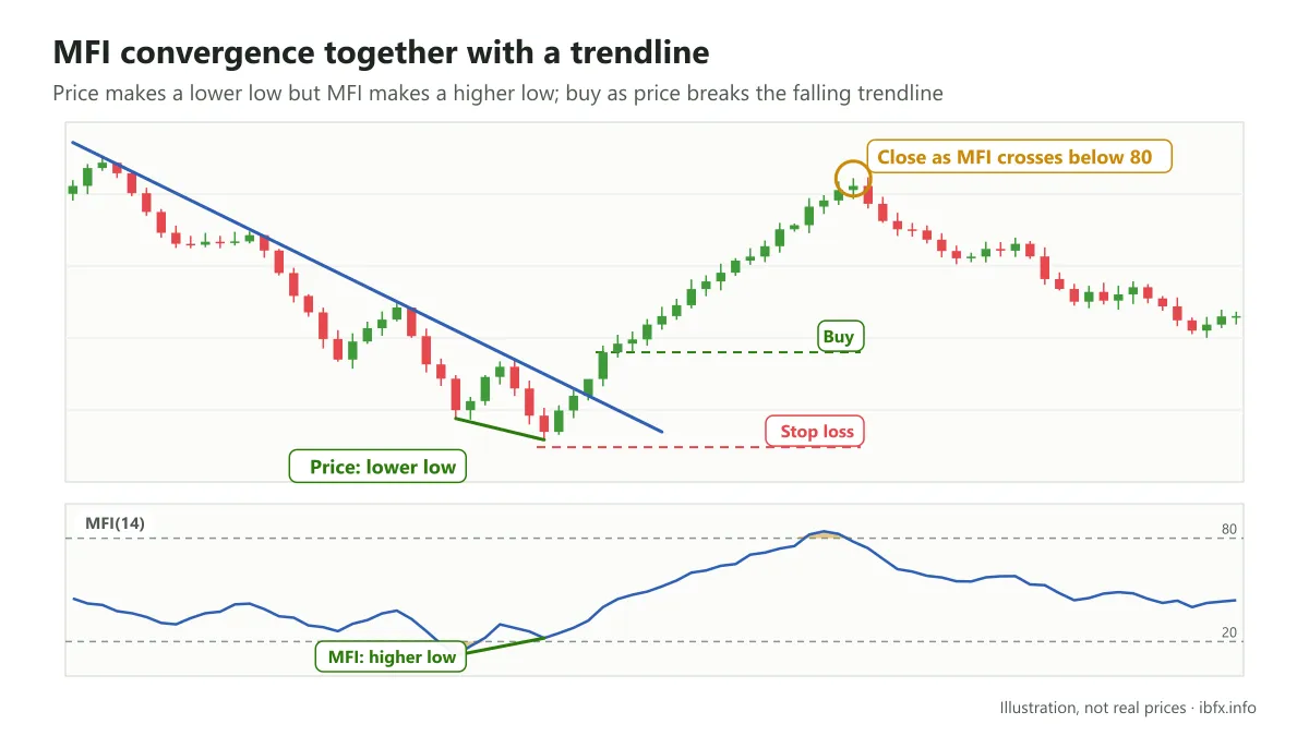 Chart of a convergence between price and MFI: price makes a lower low, MFI makes a higher low, Buy as price breaks the falling trendline