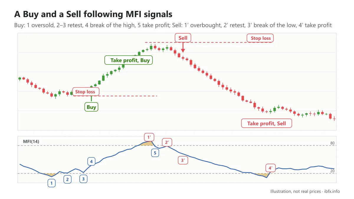 Chart of a Buy and a Sell following the numbered MFI signal steps, with the stop loss and the take profit point marked