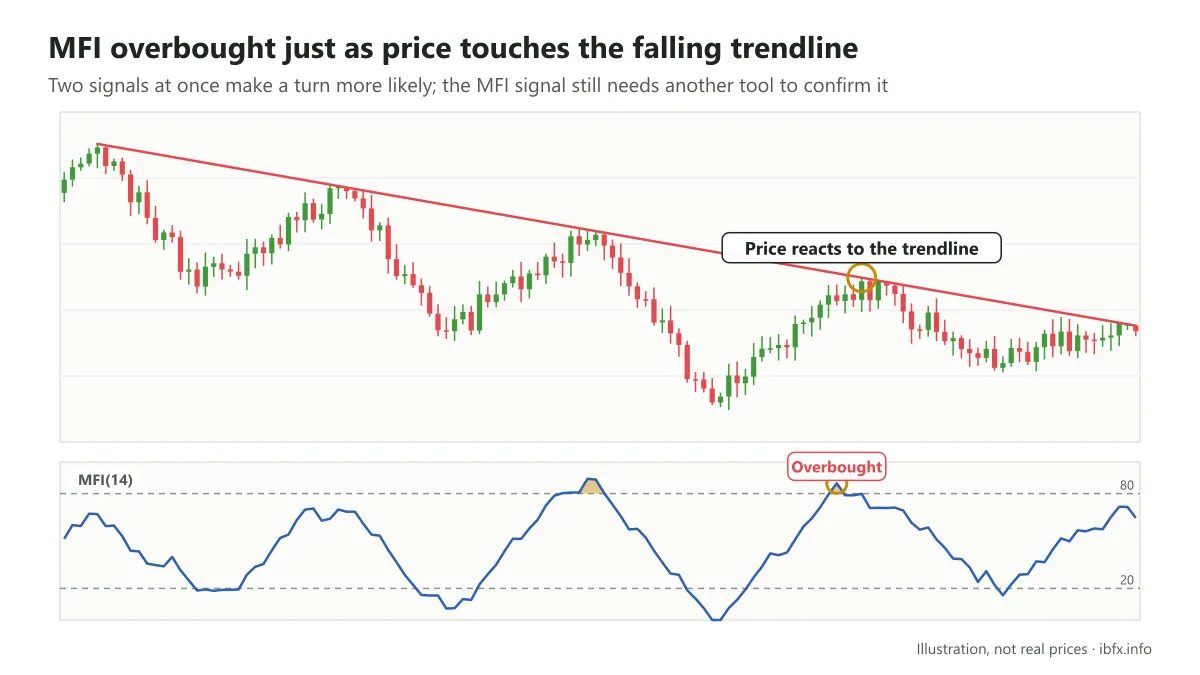 Chart on the H4 timeframe in a downtrend: price rallies into the trendline just as MFI turns overbought, and then price falls