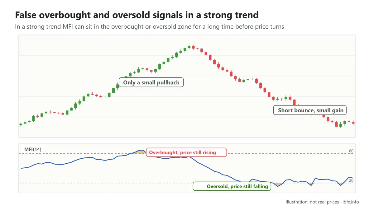 Chart of false overbought and oversold signals from MFI: price keeps rising while MFI is overbought and keeps falling while it is oversold