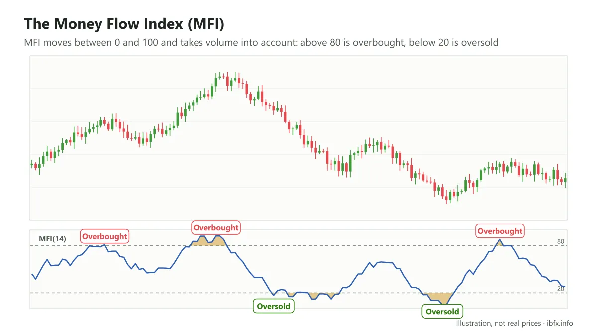 Chart on the D1 timeframe with the Money Flow Index below it, marking each time MFI goes above 80 or below 20