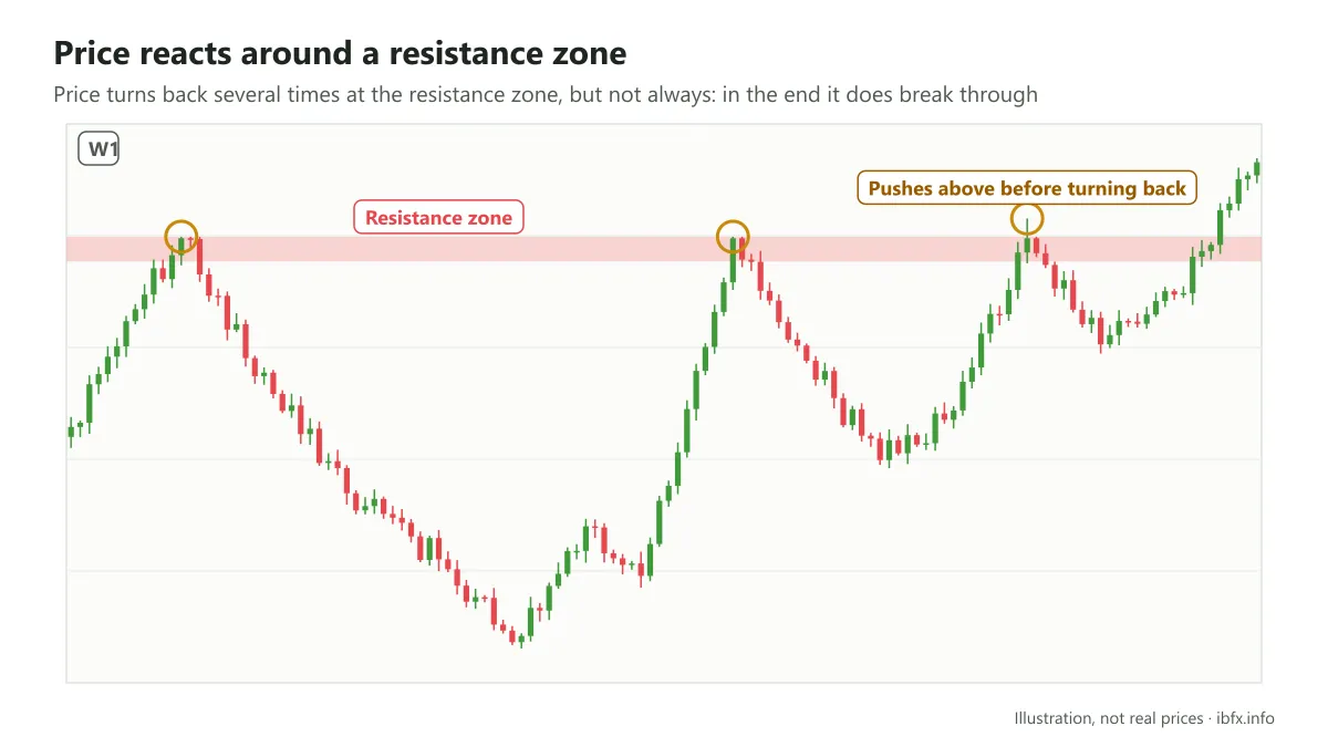 Weekly chart with a resistance zone marked: price turns down several times at the zone before finally breaking through