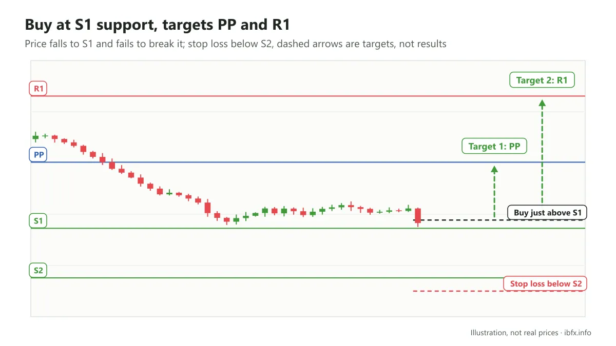 Chart showing price falling to S1 then going sideways: a Buy just above S1, stop loss below S2, targets at PP and R1