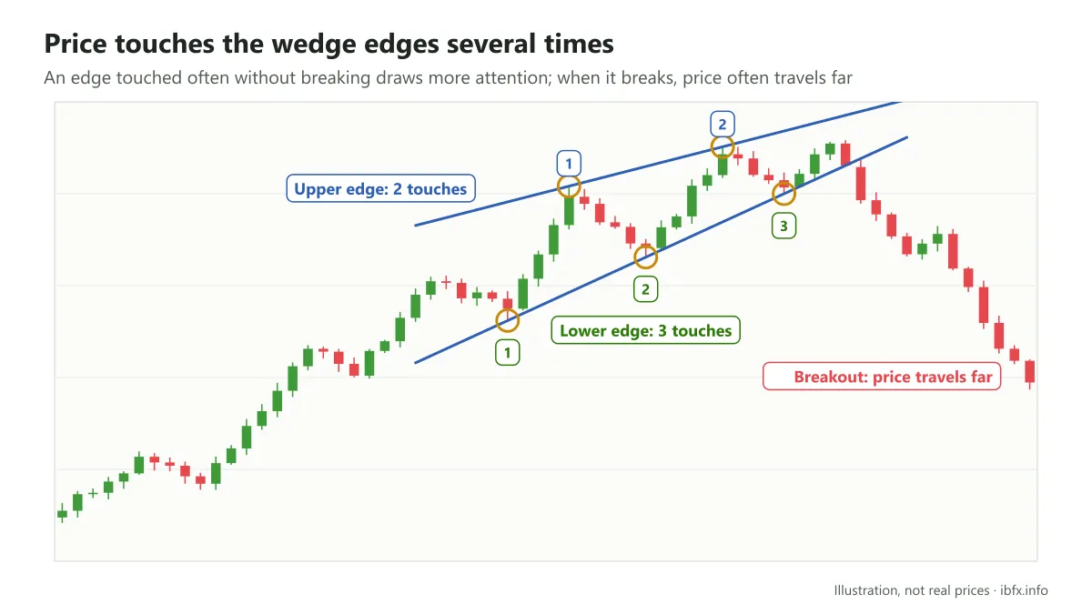 Illustration of a rising wedge: price touches the lower edge 3 times and the upper edge 2 times, then breaks the lower edge and falls a long way