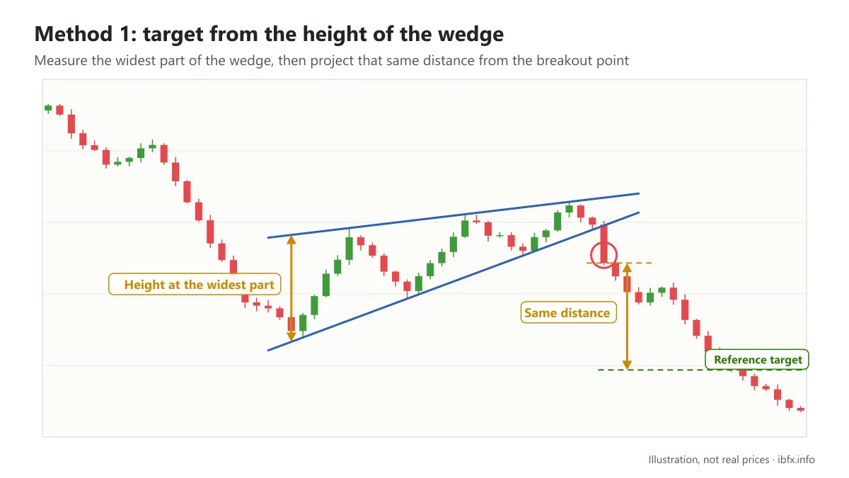 Illustration of method 1: measure the widest part of the rising wedge and project the same distance down from the breakout point for the target