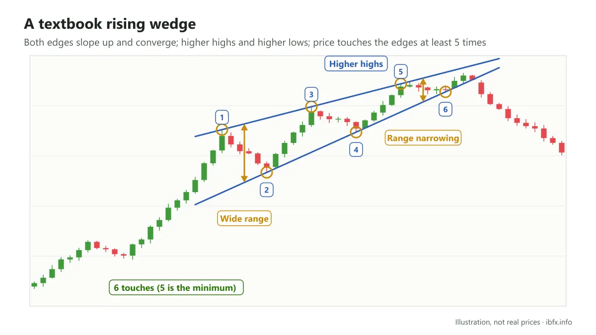 Illustration of a textbook rising wedge: both edges slope up and converge, price touches the edges 6 times, and the range narrows