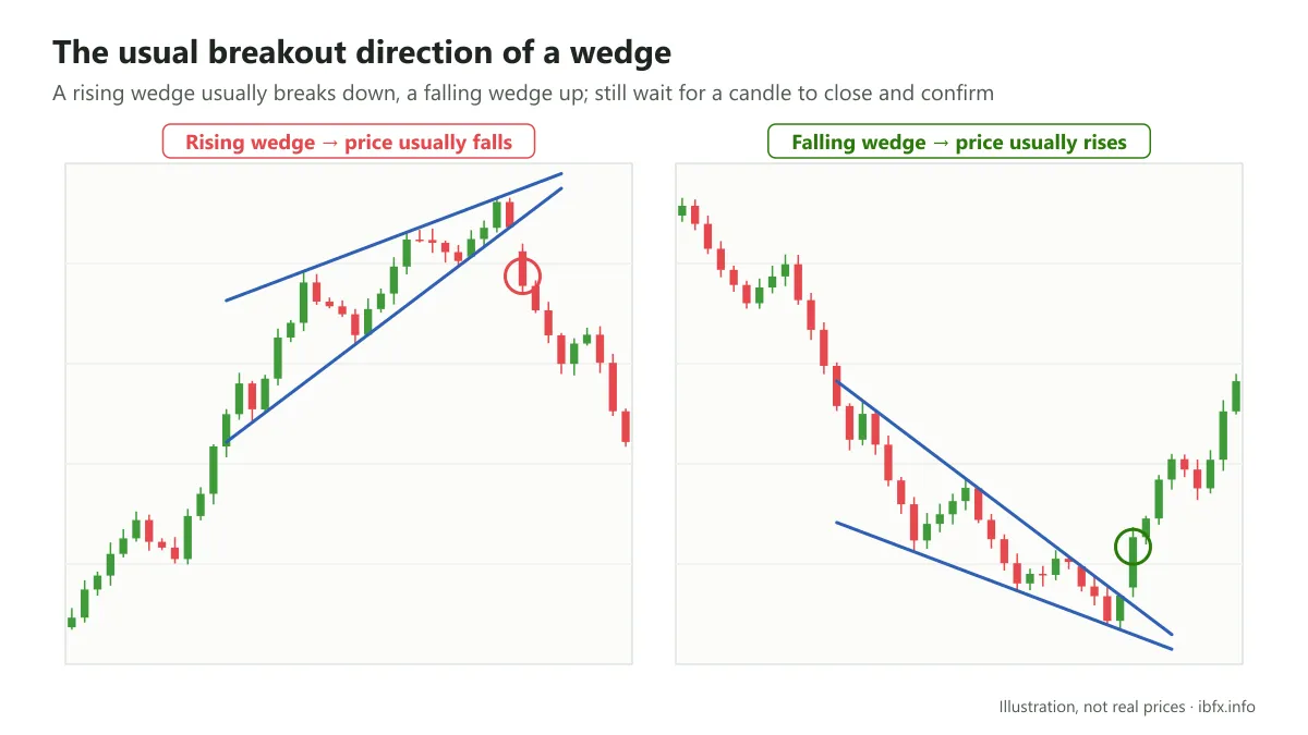 Illustration of two cases: a rising wedge breaks the lower edge and price falls, a falling wedge breaks the upper edge and price rises