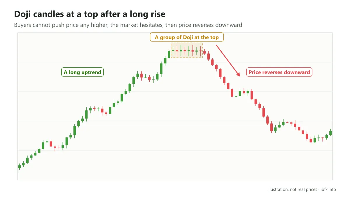Chart of a group of Doji candles at a top after a long rise in price, after which price reverses downward