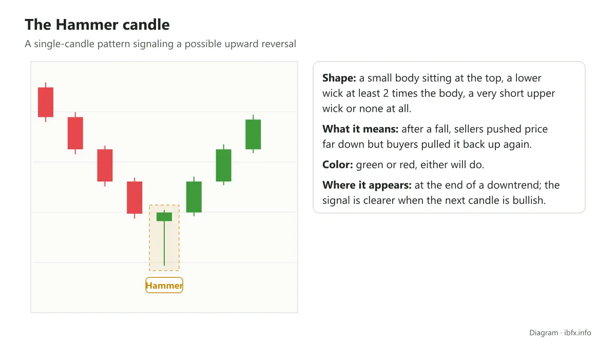 Diagram of the Hammer candle: a small body at the top and a lower wick at least 2 times the body, at the end of a downtrend