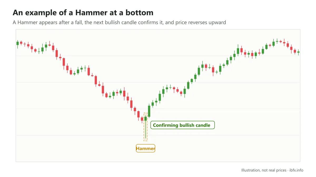 Chart of a Hammer at a bottom after a fall, with the next bullish candle confirming it before price rises