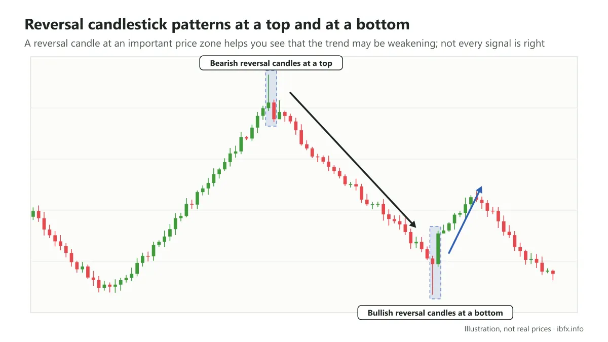 Diagram of a reversal candlestick pattern at a top sending price down, and a reversal pattern at a bottom sending price back up