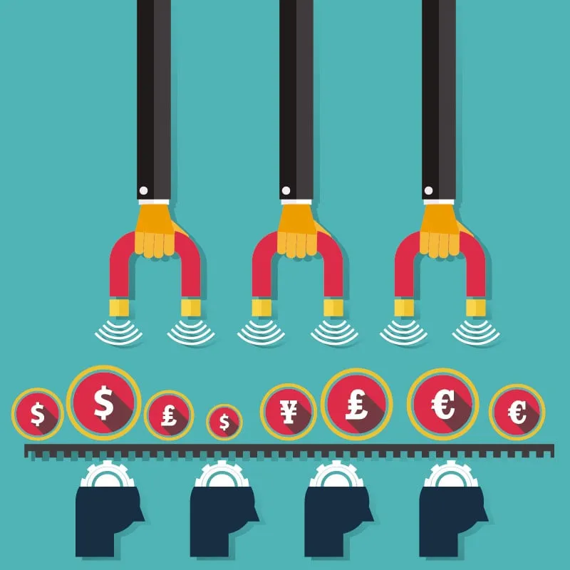 Illustration of magnets attracting dollar, pound, yen and euro coins