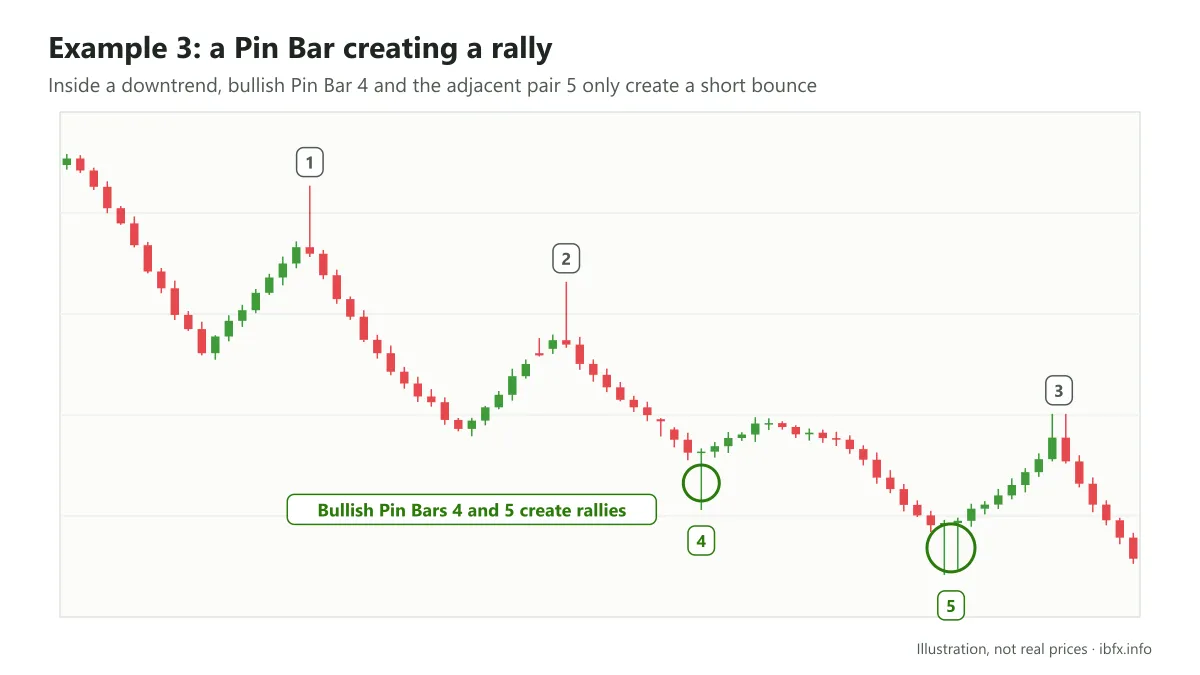 Chart of the same downtrend: besides bearish Pin Bars 1, 2 and 3, bullish Pin Bar 4 and the adjacent pair 5 create short rallies