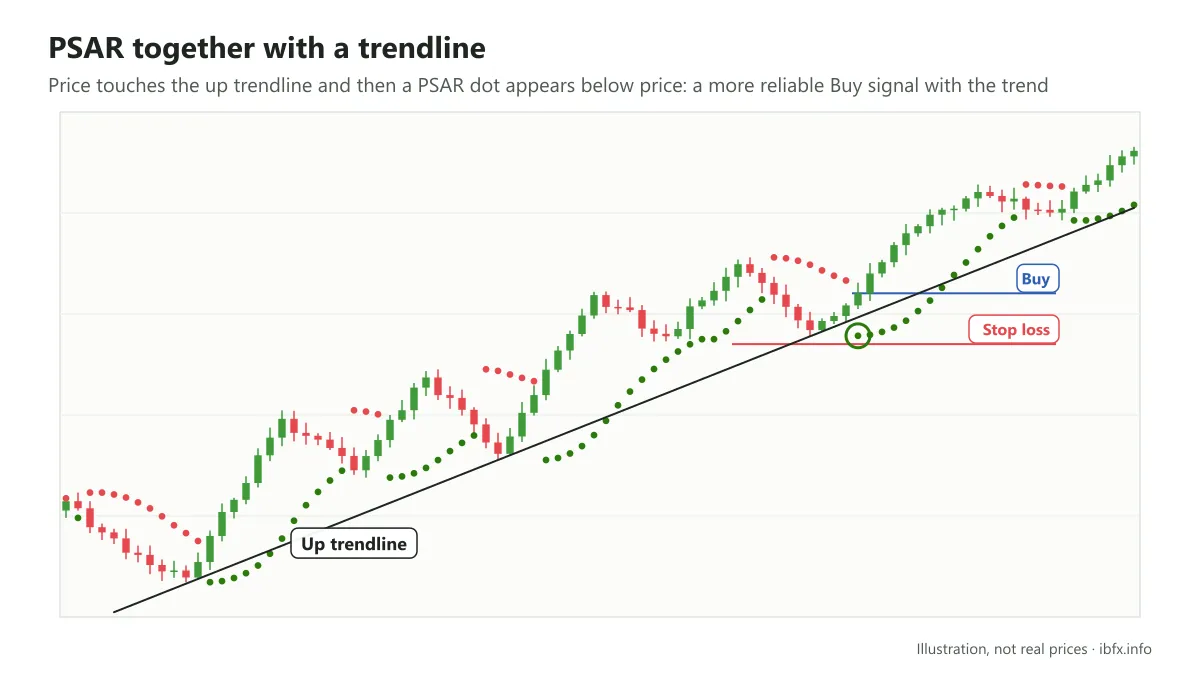 A Buy taken as price touches an up trendline and the Parabolic SAR dot moves below price, stop loss below the last low