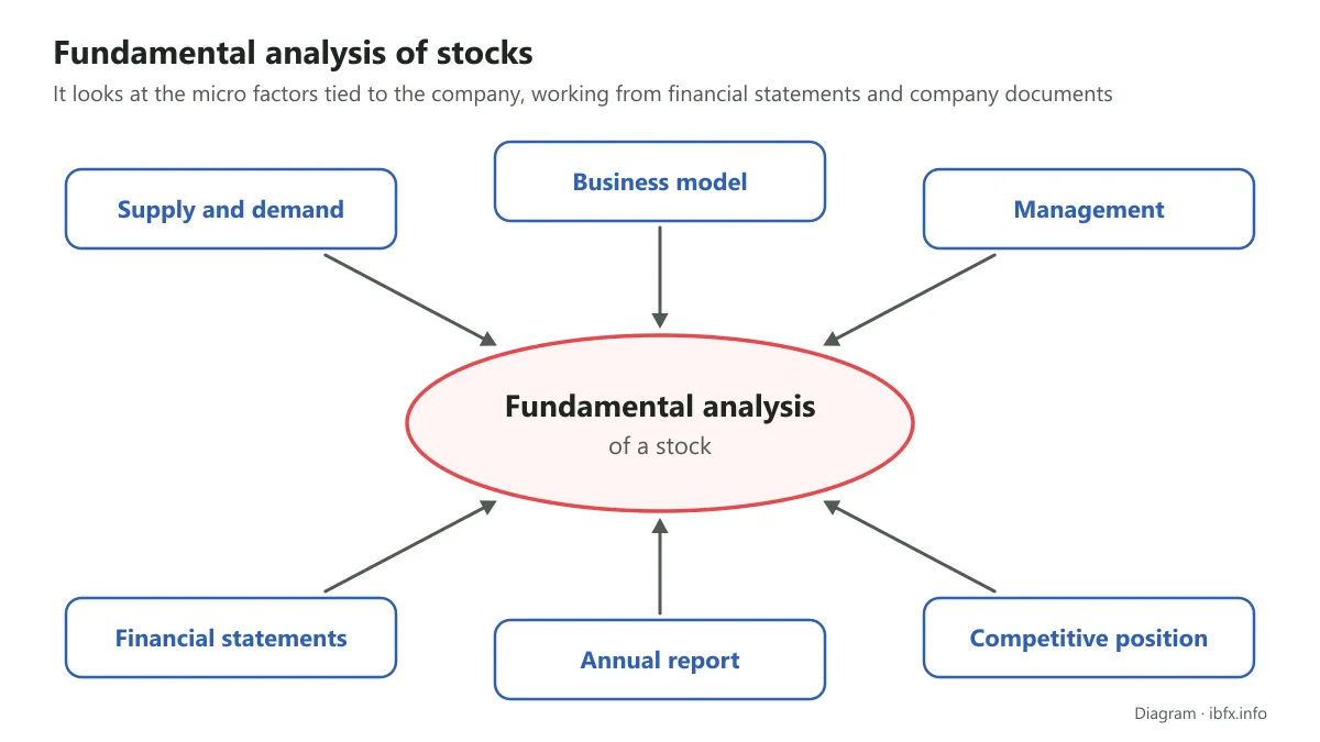 Diagram of fundamental analysis of stocks: supply and demand, business model, management, financial statements, annual report, competitive position